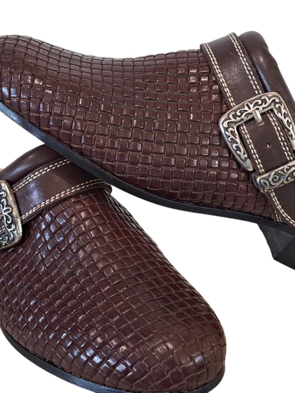 Justin Clogs Brown Leather Woven Mule Shoes Silver Buckle Leather Women 7.5 8 - Picture 1 of 12